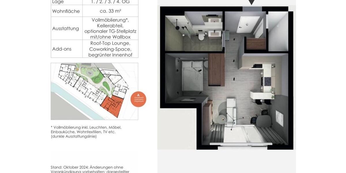 Etagenwohnung Ulm Söflingen - 1 Zimmer, 33 m&sup2;, 1.045&euro; | Angebot:27619470